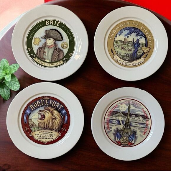 Y2K Restoration Hardware French Cheese Motif Design Appetizer 8” Plate Set of 4 - Picture 1 of 16